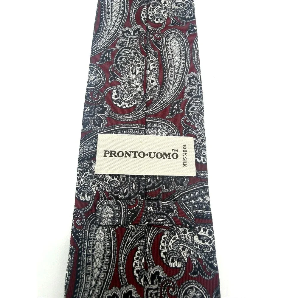 Pronto Uomo Silk Tie Burgundy Red Silver Grey Bold Jacquard Woven Paisley Mens